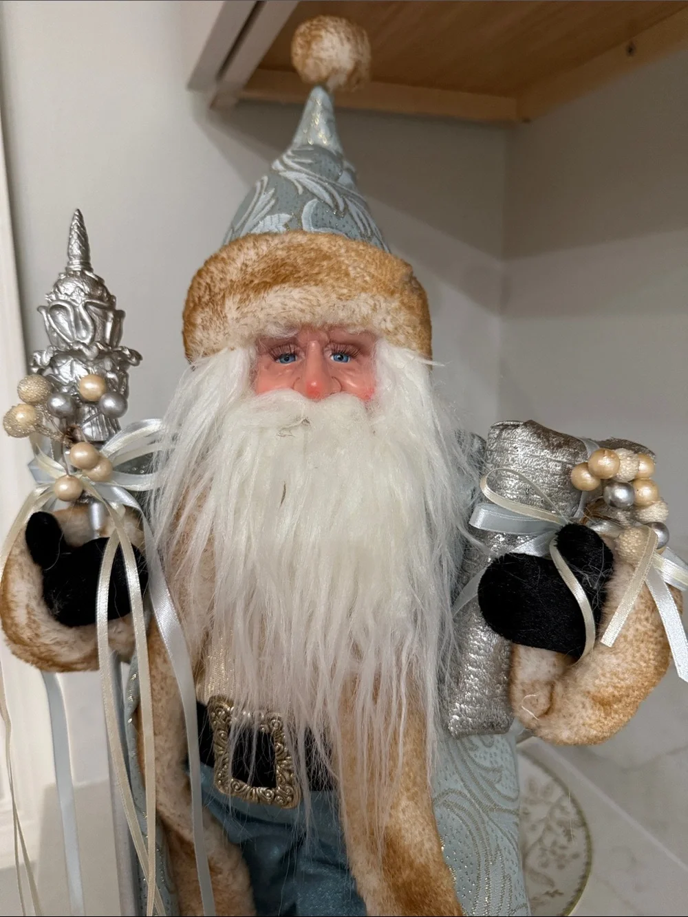 Holiday Santa Figurine in Light Blue and Gold - Decorative Christmas Accent